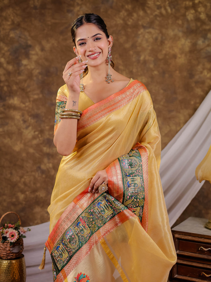 Golden Mustard Khadi Cotton Saree with Rust Orange Zari Border, Elephant Peacock Traditional Print & Lotus Pallu, Tassels with Blouse Piece