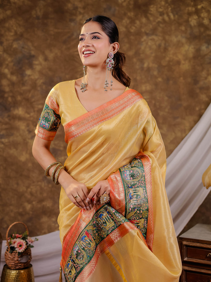 Golden Mustard Khadi Cotton Saree with Rust Orange Zari Border, Elephant Peacock Traditional Print & Lotus Pallu, Tassels with Blouse Piece