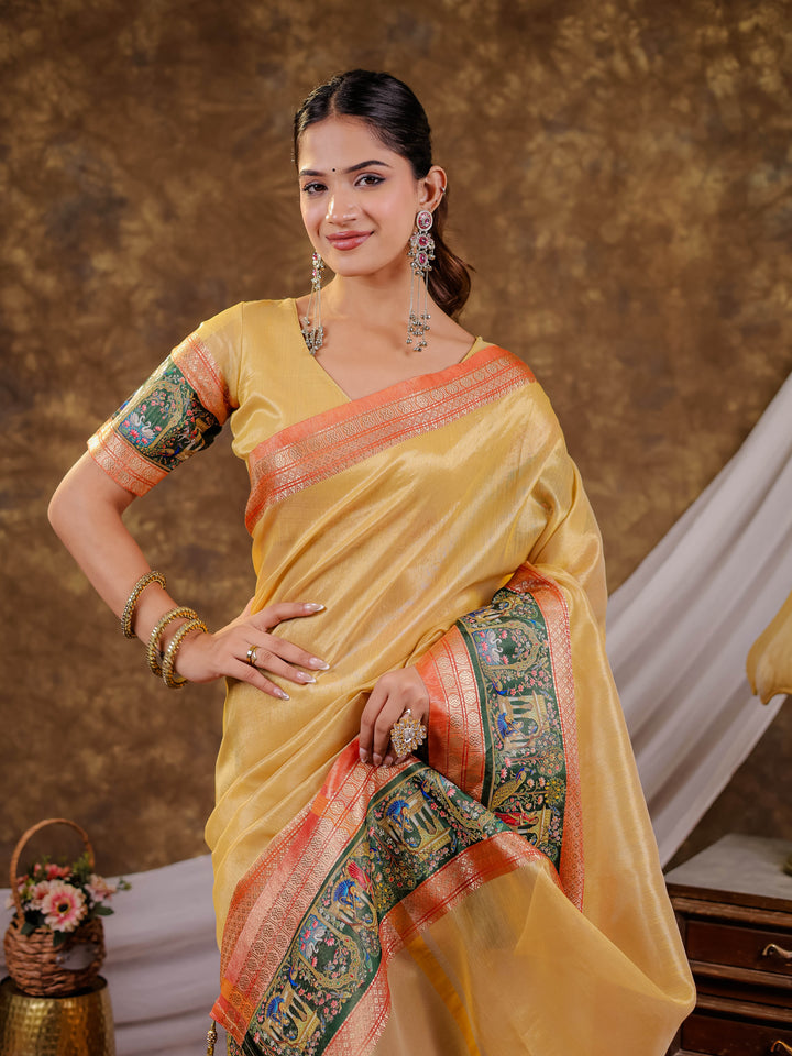 Golden Mustard Khadi Cotton Saree with Rust Orange Zari Border, Elephant Peacock Traditional Print & Lotus Pallu, Tassels with Blouse Piece