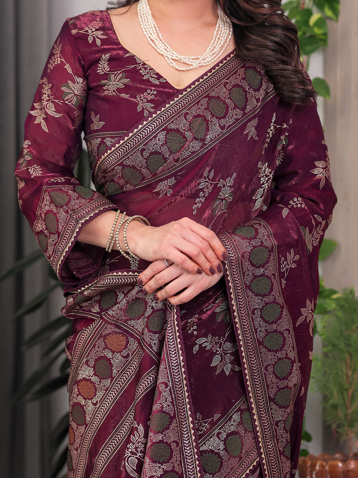 Wine Maroon Fendi Satin Block & Foil Print Saree with Floral Motifs, Attached Blouse & Tassel Pallu