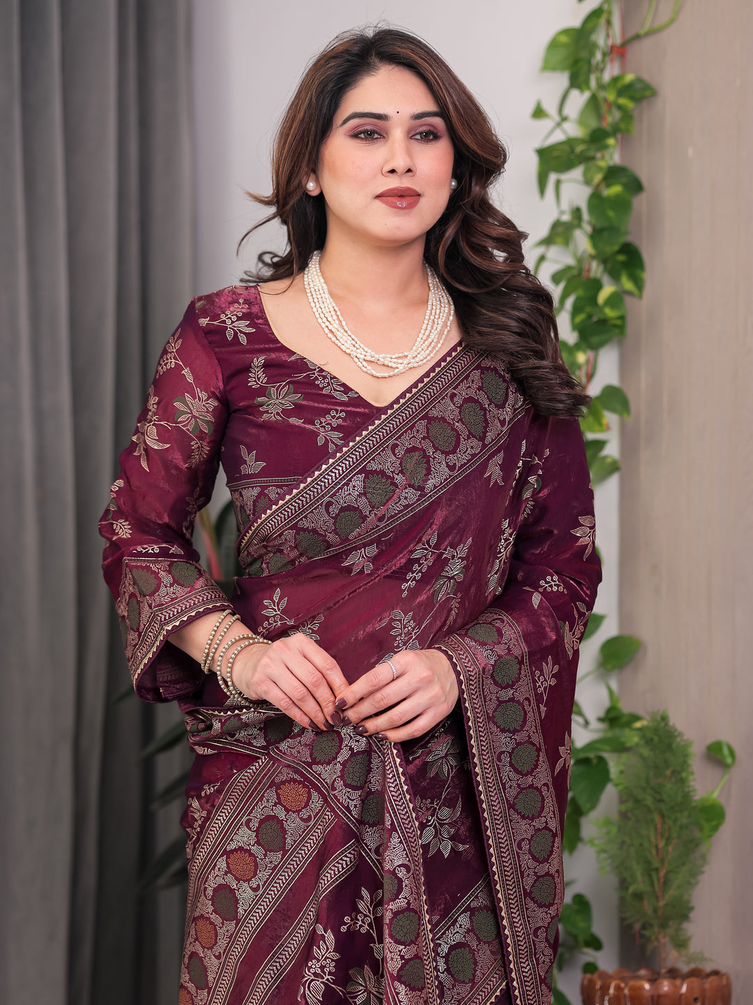 Wine Maroon Fendi Satin Block & Foil Print Saree with Floral Motifs, Attached Blouse & Tassel Pallu