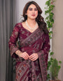 Wine Maroon Fendi Satin Block & Foil Print Saree with Floral Motifs, Attached Blouse & Tassel Pallu