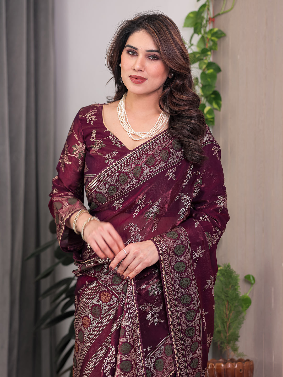 Wine Maroon Fendi Satin Block & Foil Print Saree with Floral Motifs, Attached Blouse & Tassel Pallu