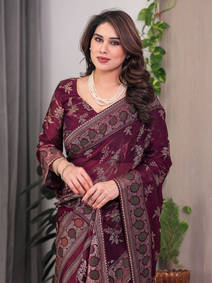 Wine Maroon Fendi Satin Block & Foil Print Saree with Floral Motifs, Attached Blouse & Tassel Pallu
