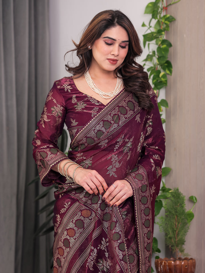 Wine Maroon Fendi Satin Block & Foil Print Saree with Floral Motifs, Attached Blouse & Tassel Pallu