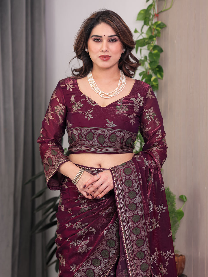 Wine Maroon Fendi Satin Block & Foil Print Saree with Floral Motifs, Attached Blouse & Tassel Pallu