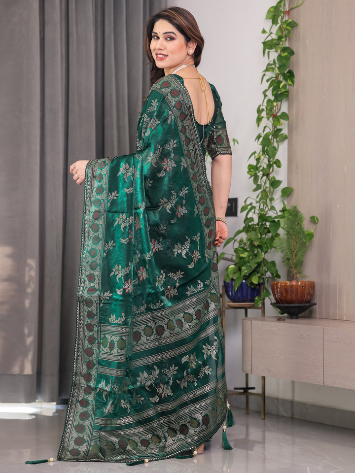 Bottle Green Fendi Satin Block & Foil Print Saree with Floral Motifs, Attached Blouse & Tassel Pallu