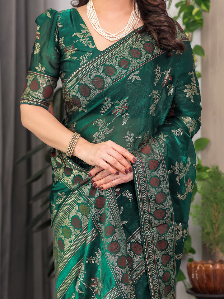 Bottle Green Fendi Satin Block & Foil Print Saree with Floral Motifs, Attached Blouse & Tassel Pallu