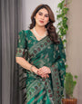 Bottle Green Fendi Satin Block & Foil Print Saree with Floral Motifs, Attached Blouse & Tassel Pallu