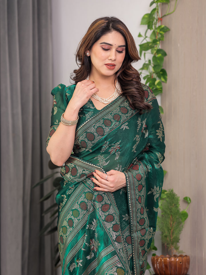 Bottle Green Fendi Satin Block & Foil Print Saree with Floral Motifs, Attached Blouse & Tassel Pallu