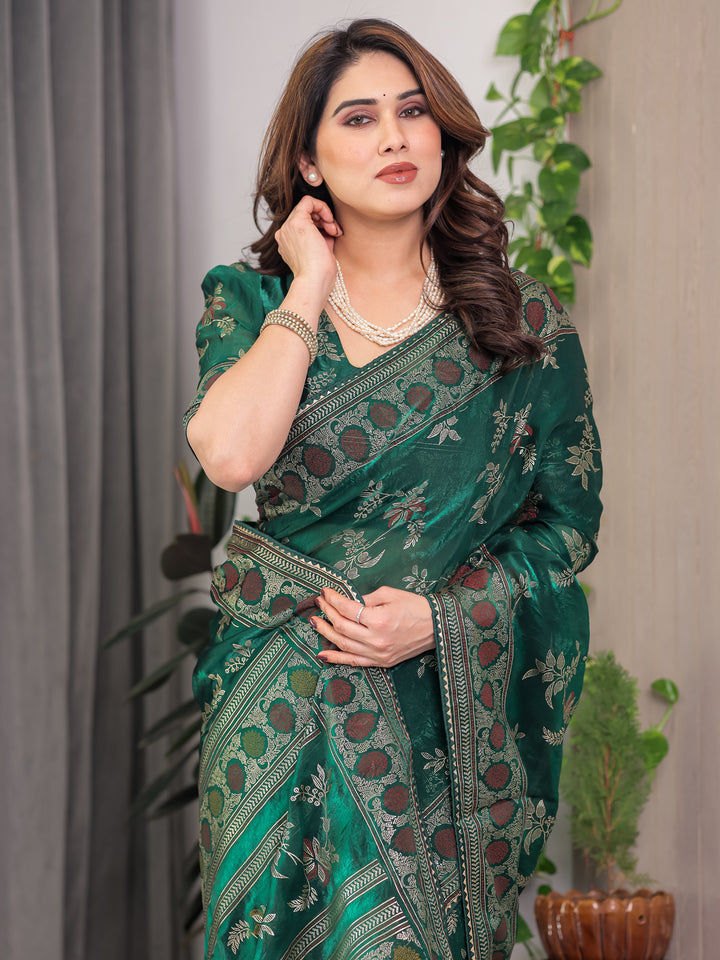 Bottle Green Fendi Satin Block & Foil Print Saree with Floral Motifs, Attached Blouse & Tassel Pallu