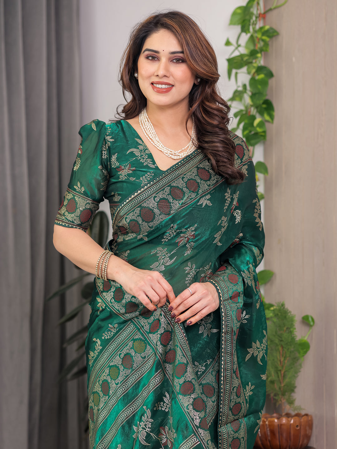 Bottle Green Fendi Satin Block & Foil Print Saree with Floral Motifs, Attached Blouse & Tassel Pallu