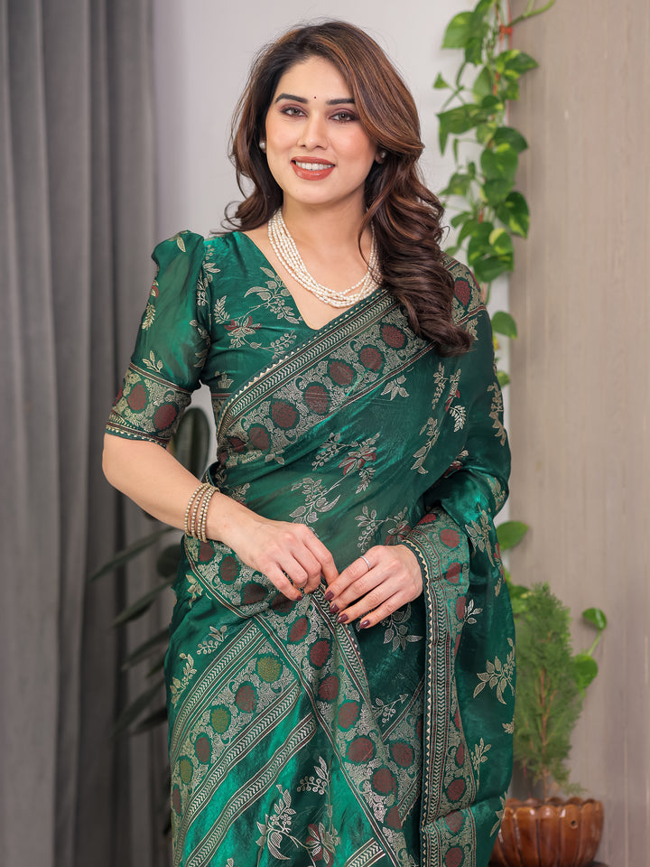 Bottle Green Fendi Satin Block & Foil Print Saree with Floral Motifs, Attached Blouse & Tassel Pallu