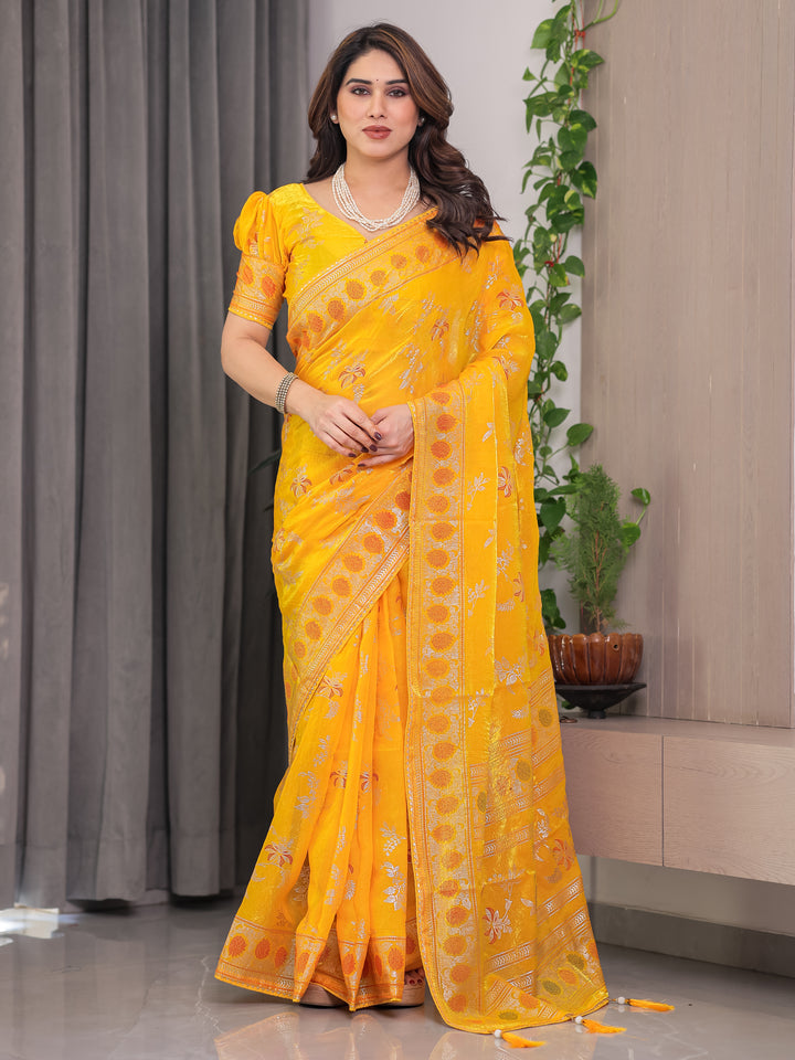 Mustard Yellow Fendi Satin Block & Foil Print Saree with Floral Motifs, Attached Blouse & Tassel Pallu