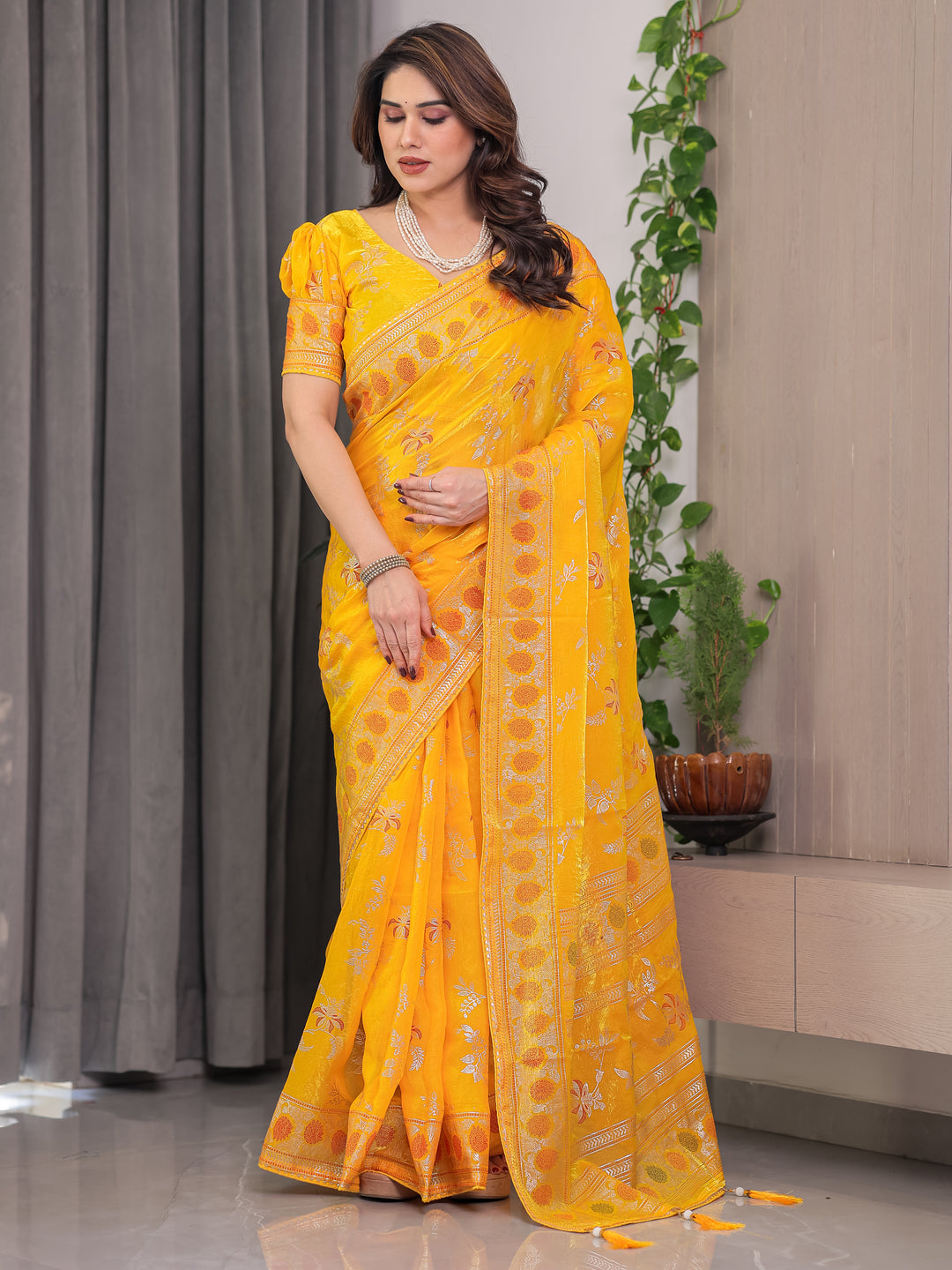 Mustard Yellow Fendi Satin Block & Foil Print Saree with Floral Motifs, Attached Blouse & Tassel Pallu