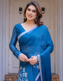 Teal Blue Mandala Printed Satin Georgette Saree with Matching Blouse – Contemporary Party & Festive Wear