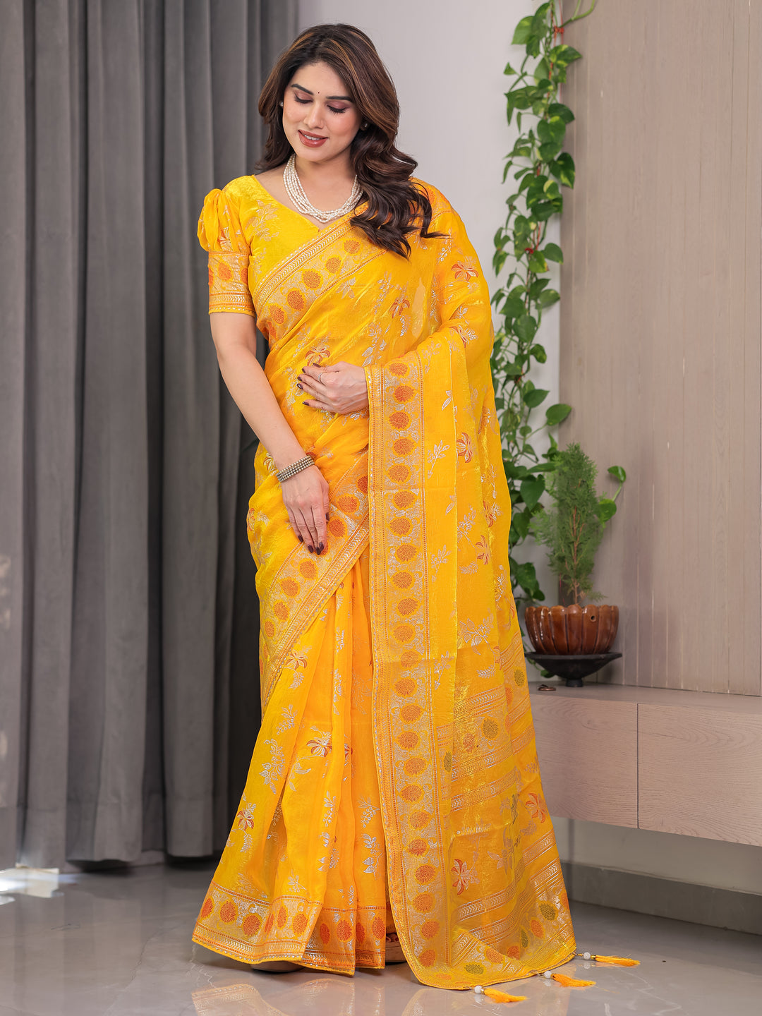 Mustard Yellow Fendi Satin Block & Foil Print Saree with Floral Motifs, Attached Blouse & Tassel Pallu