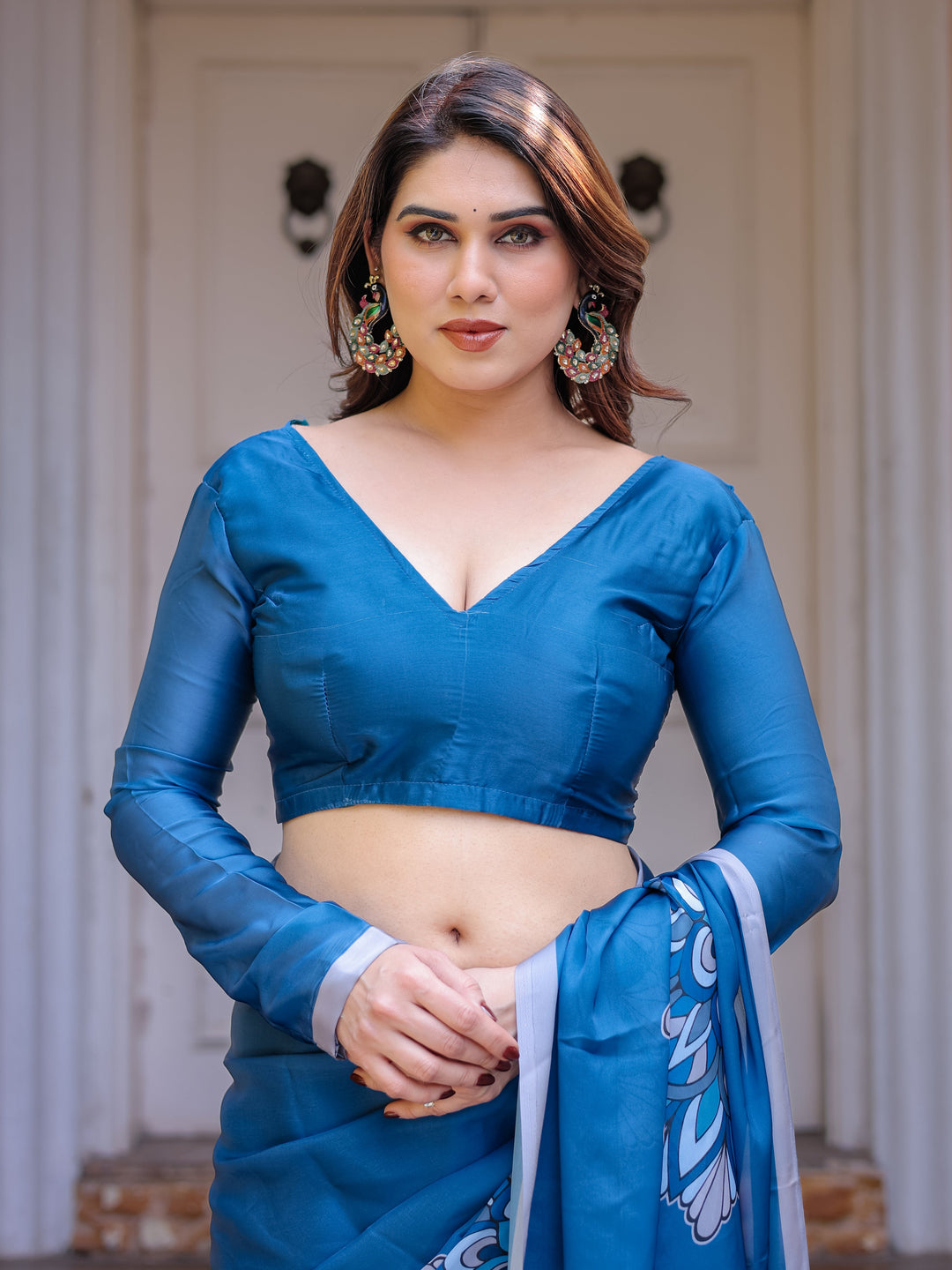 Teal Blue Mandala Printed Satin Georgette Saree with Matching Blouse – Contemporary Party & Festive Wear