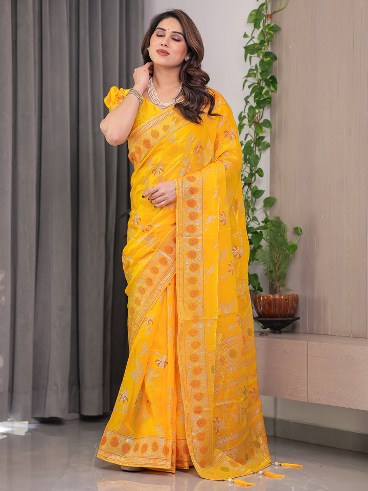 Mustard Yellow Fendi Satin Block & Foil Print Saree with Floral Motifs, Attached Blouse & Tassel Pallu
