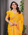 Mustard Yellow Fendi Satin Block & Foil Print Saree with Floral Motifs, Attached Blouse & Tassel Pallu