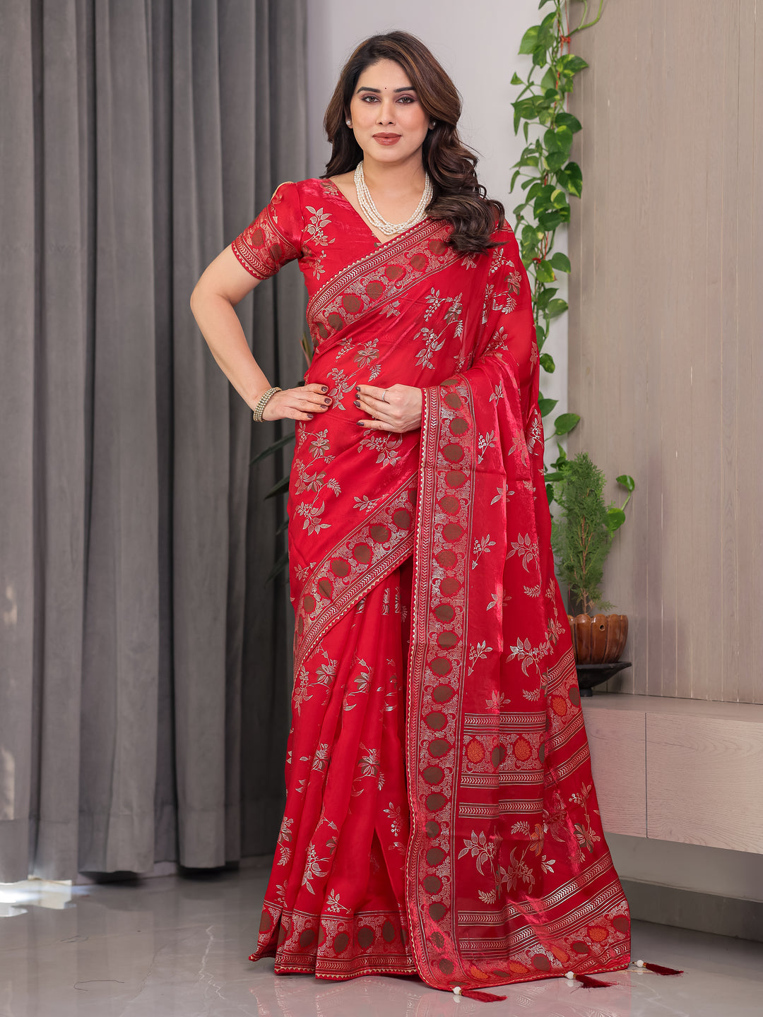 Classic Red Fendi Satin Block & Foil Print Saree with Floral Motifs, Attached Blouse & Tassel Pallu