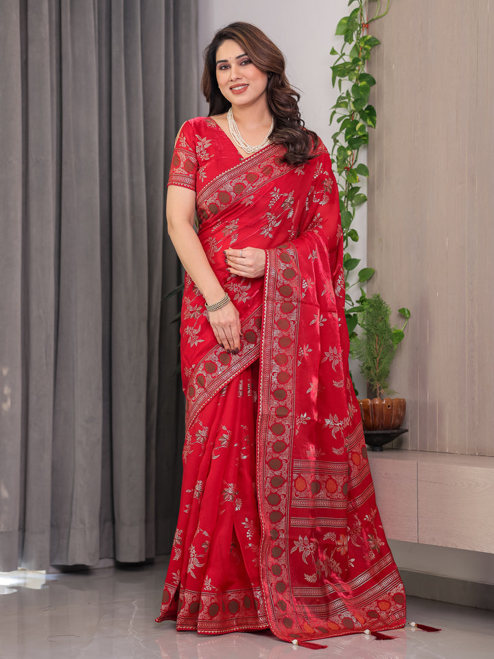 Classic Red Fendi Satin Block & Foil Print Saree with Floral Motifs, Attached Blouse & Tassel Pallu