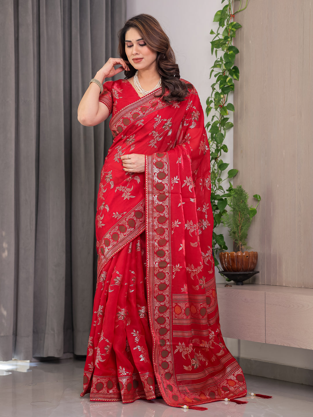 Classic Red Fendi Satin Block & Foil Print Saree with Floral Motifs, Attached Blouse & Tassel Pallu