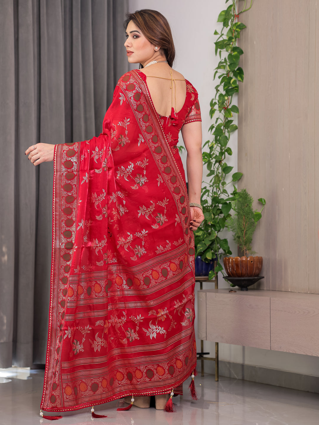 Classic Red Fendi Satin Block & Foil Print Saree with Floral Motifs, Attached Blouse & Tassel Pallu