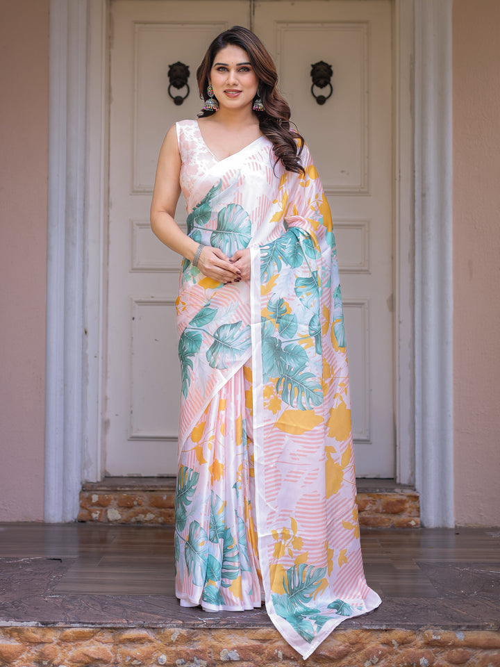 White Tropical Leaf Printed Satin Georgette Saree with Matching Blouse – Fresh Summer Party & Day Wear