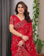 Classic Red Fendi Satin Block & Foil Print Saree with Floral Motifs, Attached Blouse & Tassel Pallu