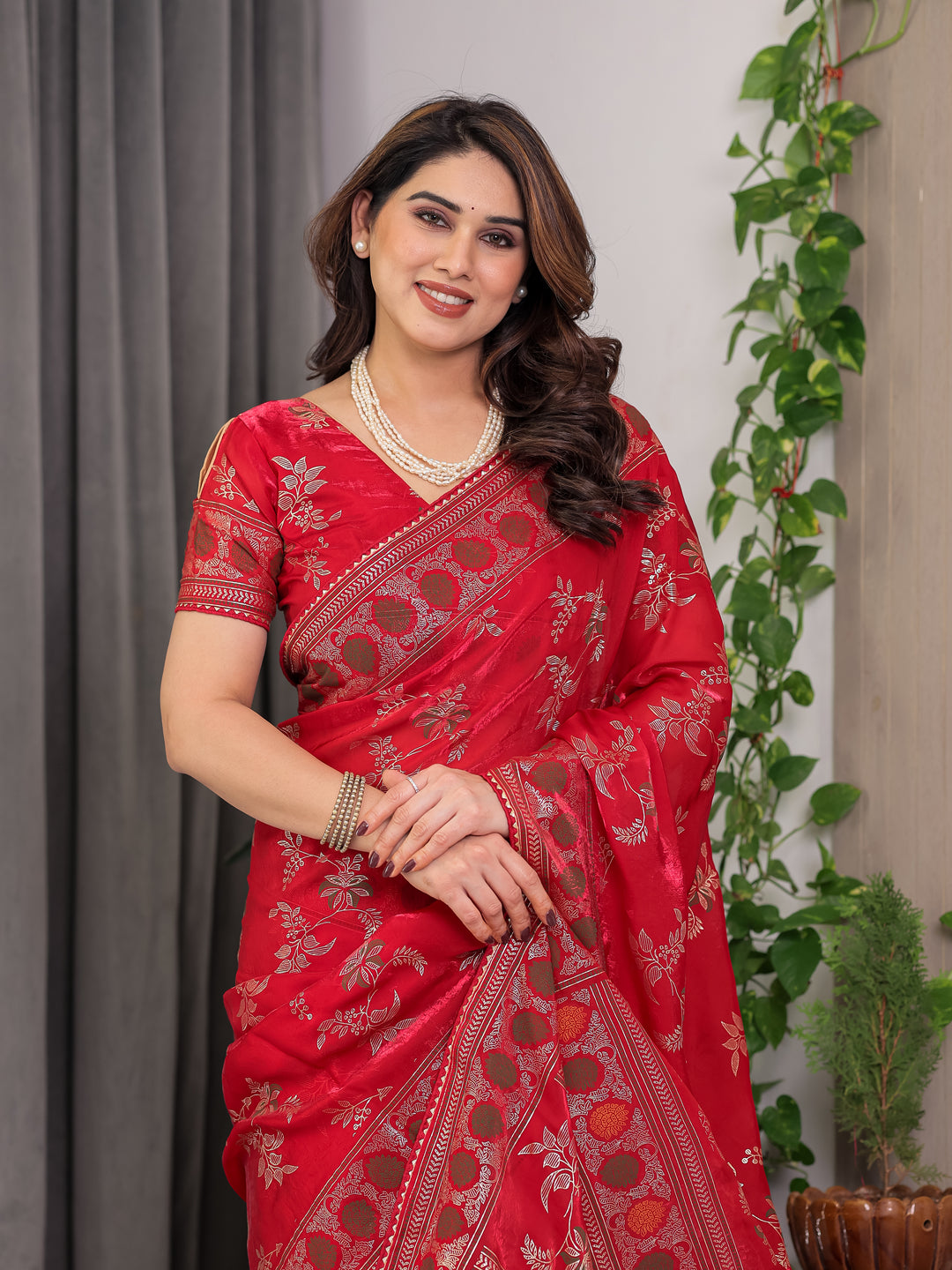 Classic Red Fendi Satin Block & Foil Print Saree with Floral Motifs, Attached Blouse & Tassel Pallu