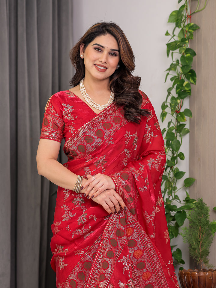 Classic Red Fendi Satin Block & Foil Print Saree with Floral Motifs, Attached Blouse & Tassel Pallu