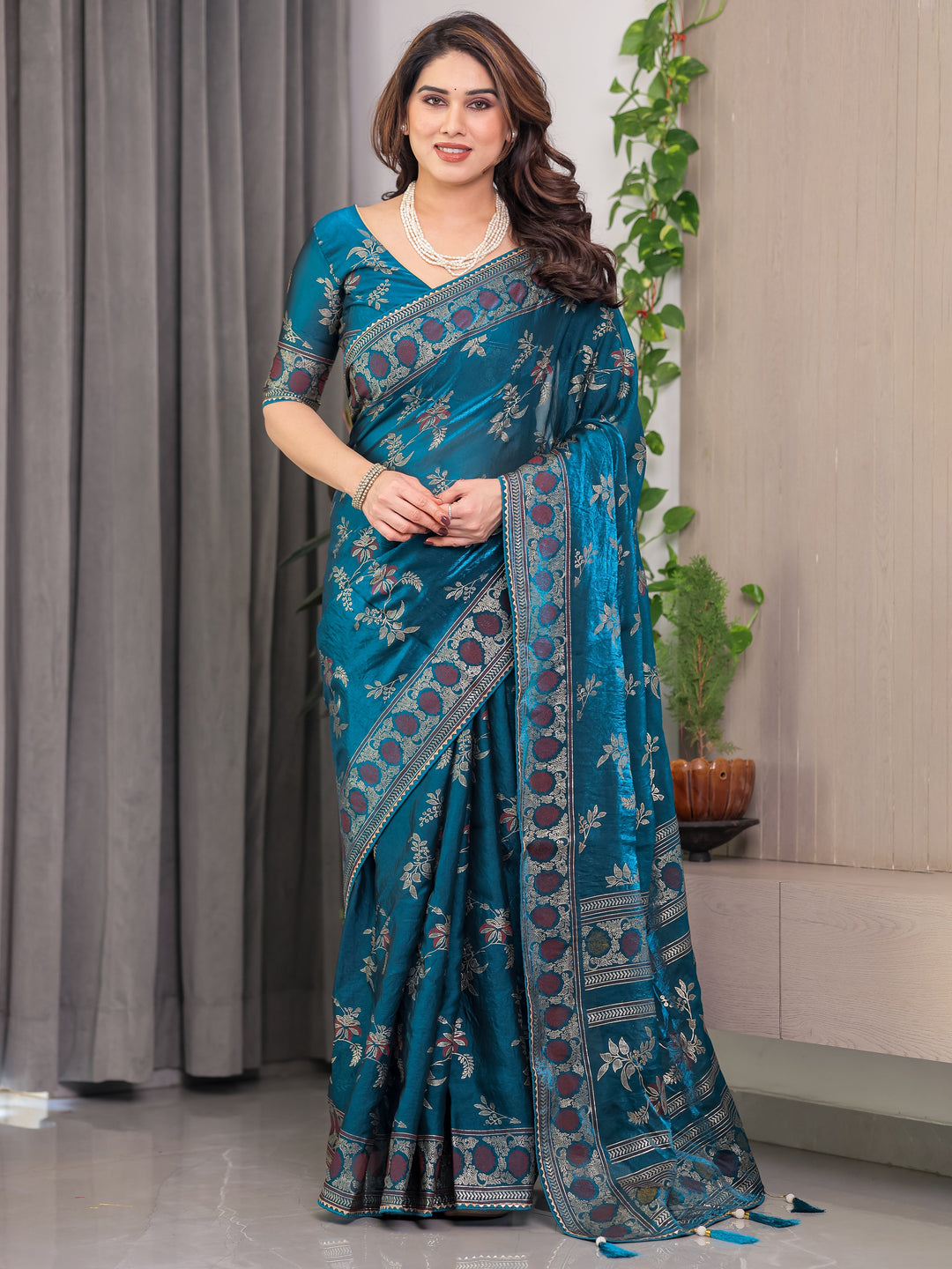 Elegant Teal Blue Fendi Satin Block & Foil Print Saree with Floral Motifs, Attached Blouse & Tassel Pallu