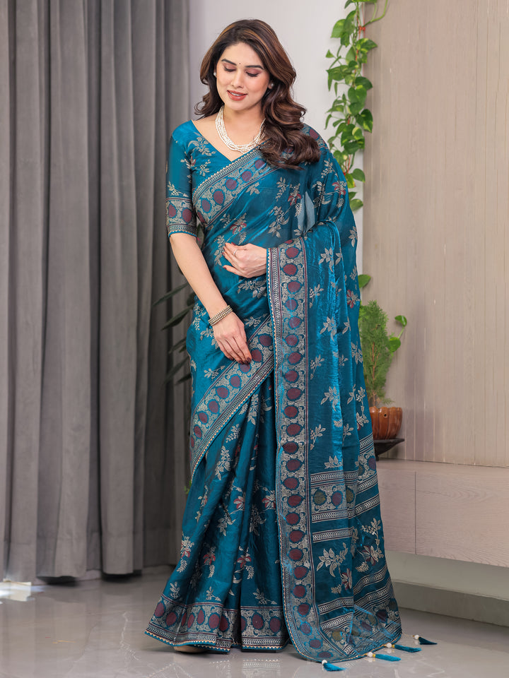 Elegant Teal Blue Fendi Satin Block & Foil Print Saree with Floral Motifs, Attached Blouse & Tassel Pallu