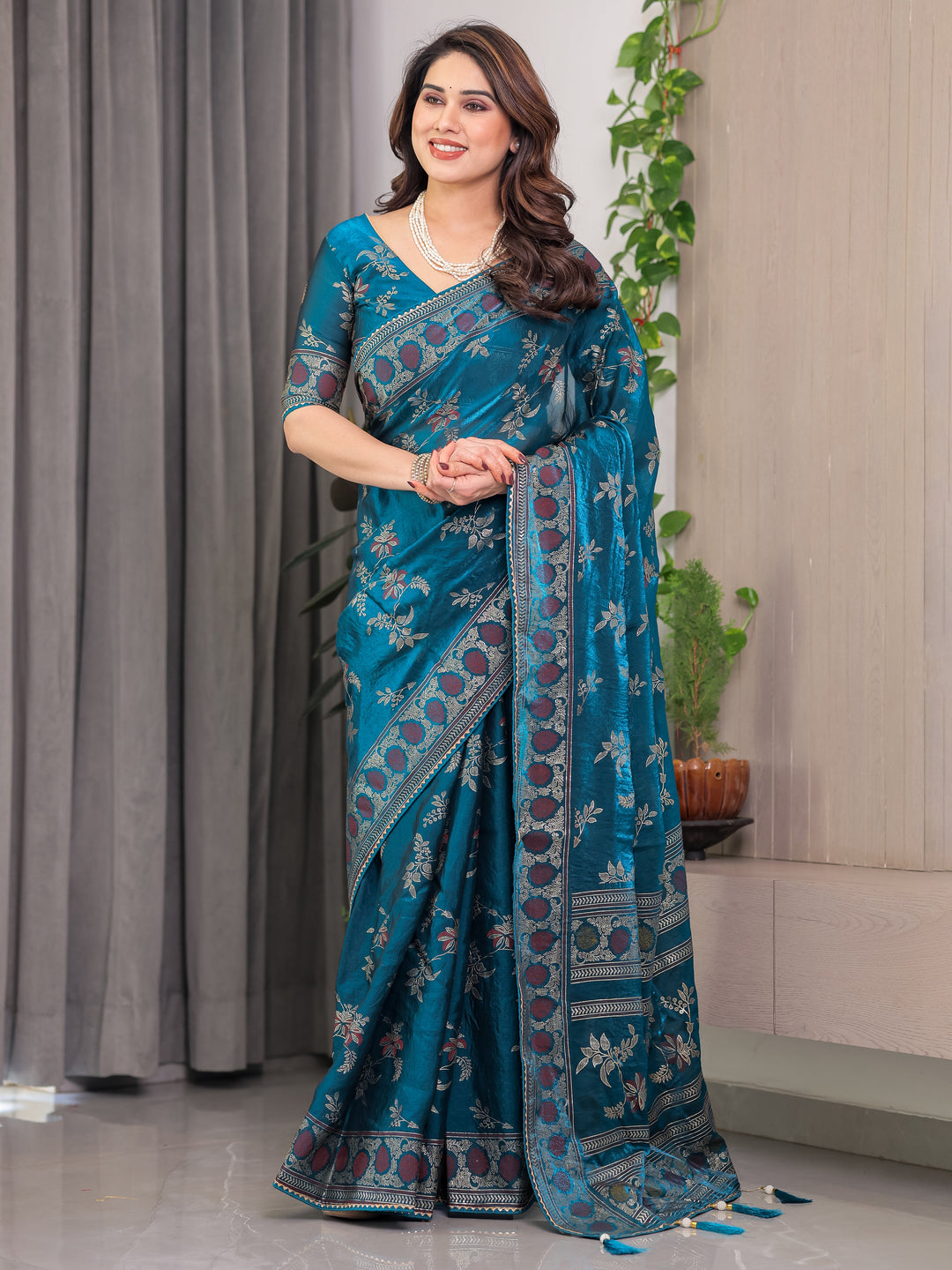 Elegant Teal Blue Fendi Satin Block & Foil Print Saree with Floral Motifs, Attached Blouse & Tassel Pallu