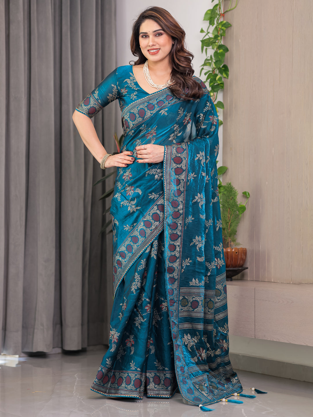 Elegant Teal Blue Fendi Satin Block & Foil Print Saree with Floral Motifs, Attached Blouse & Tassel Pallu