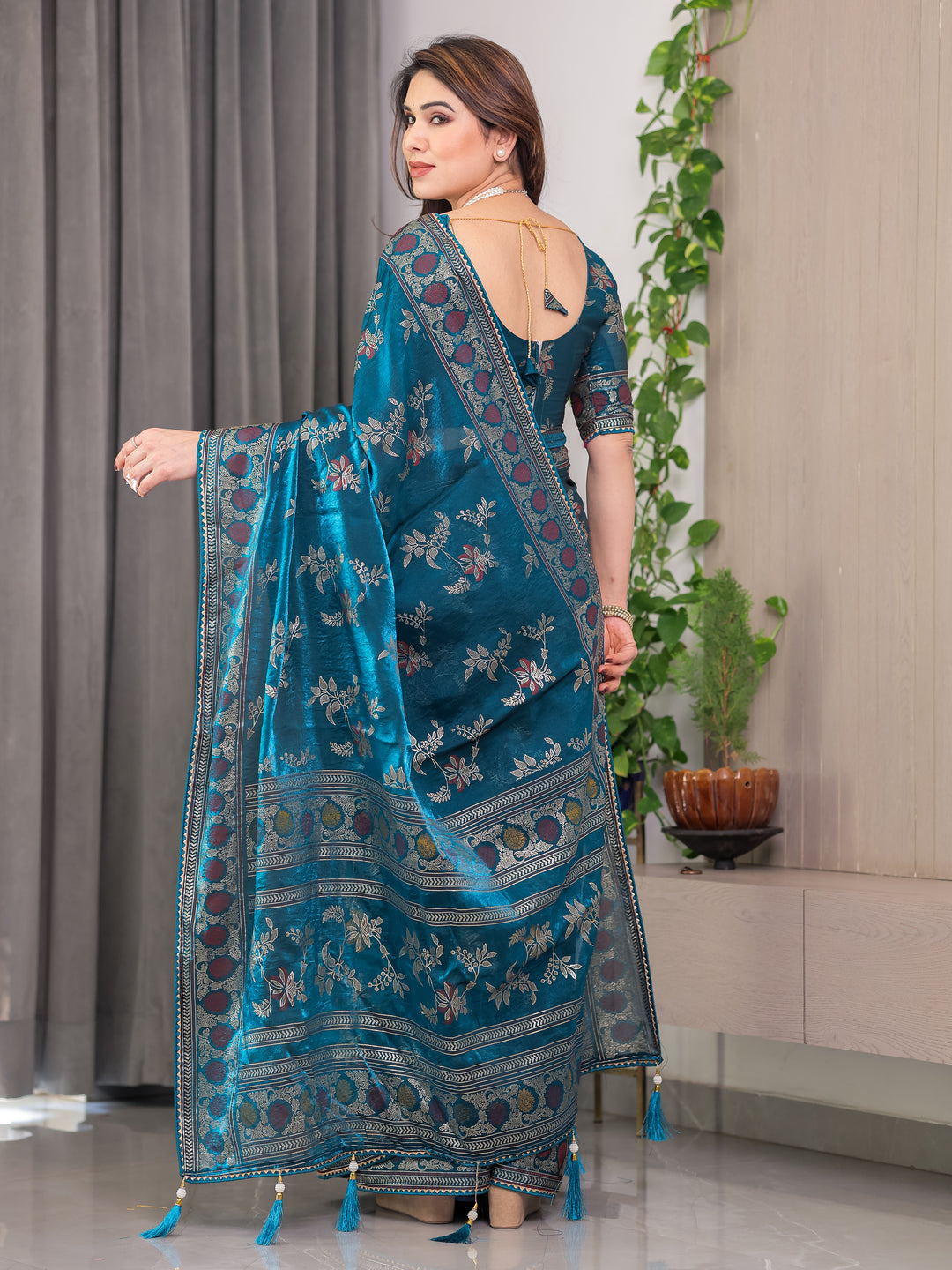Elegant Teal Blue Fendi Satin Block & Foil Print Saree with Floral Motifs, Attached Blouse & Tassel Pallu