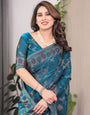 Elegant Teal Blue Fendi Satin Block & Foil Print Saree with Floral Motifs, Attached Blouse & Tassel Pallu