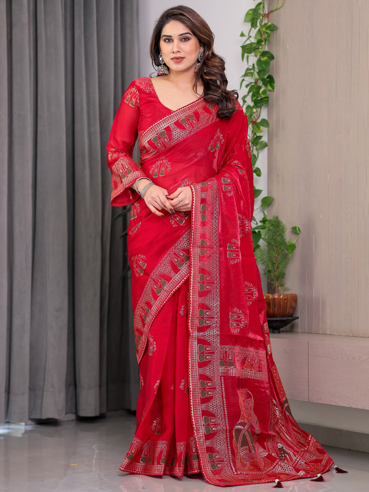 Crimson Red Fendi Satin Block & Foil Print Saree with Traditional Motif Border & Tassel Finish Blouse