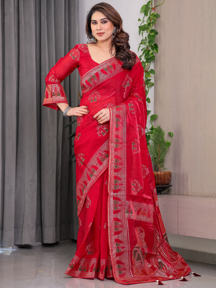 Crimson Red Fendi Satin Block & Foil Print Saree with Traditional Motif Border & Tassel Finish Blouse