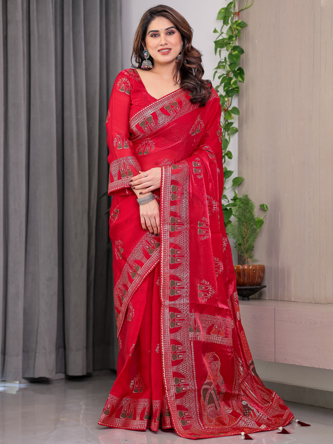 Crimson Red Fendi Satin Block & Foil Print Saree with Traditional Motif Border & Tassel Finish Blouse