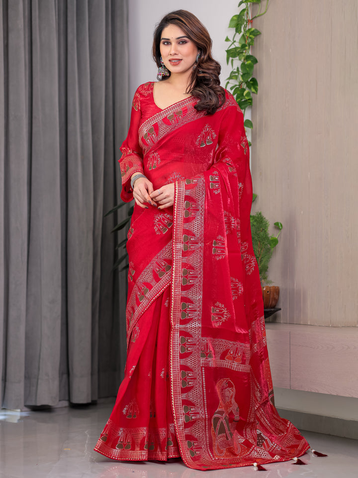 Crimson Red Fendi Satin Block & Foil Print Saree with Traditional Motif Border & Tassel Finish Blouse