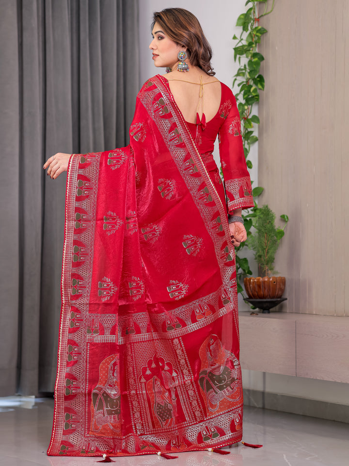 Crimson Red Fendi Satin Block & Foil Print Saree with Traditional Motif Border & Tassel Finish Blouse