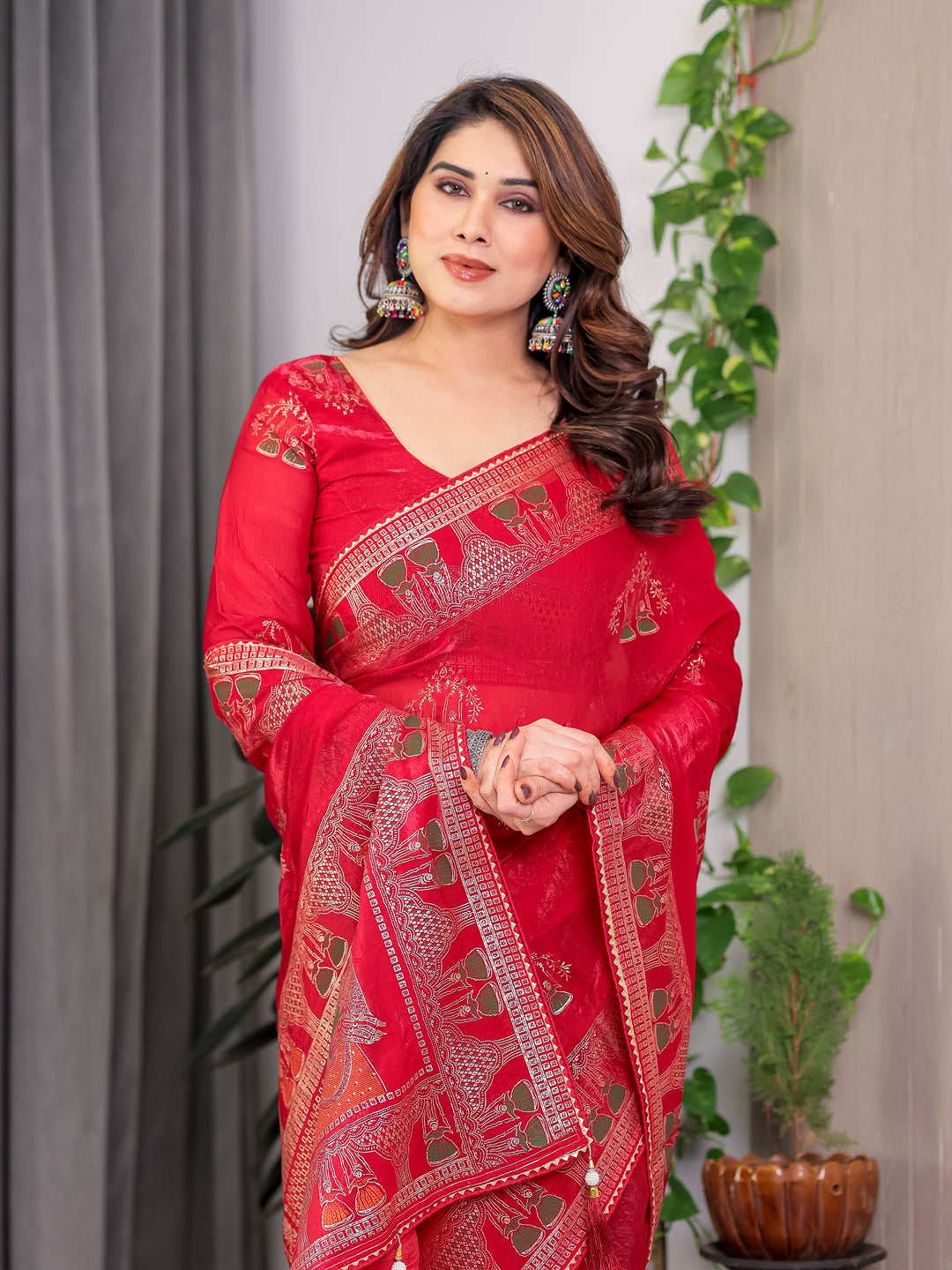 Crimson Red Fendi Satin Block & Foil Print Saree with Traditional Motif Border & Tassel Finish Blouse