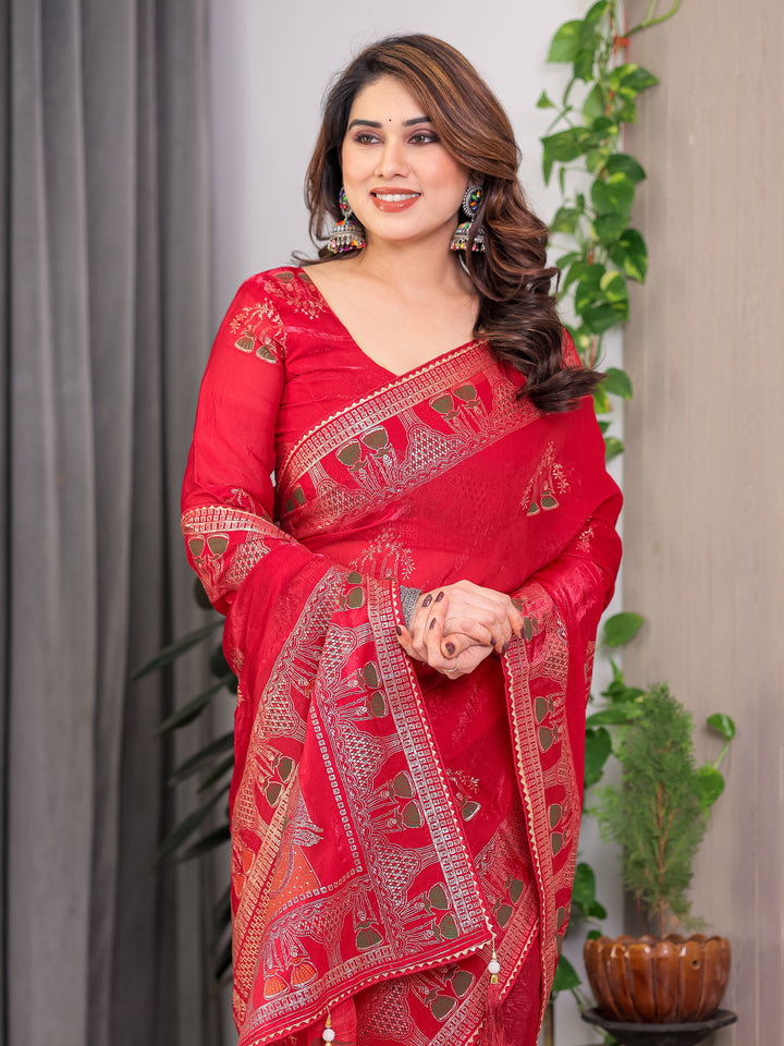 Crimson Red Fendi Satin Block & Foil Print Saree with Traditional Motif Border & Tassel Finish Blouse