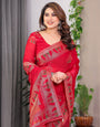 Crimson Red Fendi Satin Block & Foil Print Saree with Traditional Motif Border & Tassel Finish Blouse