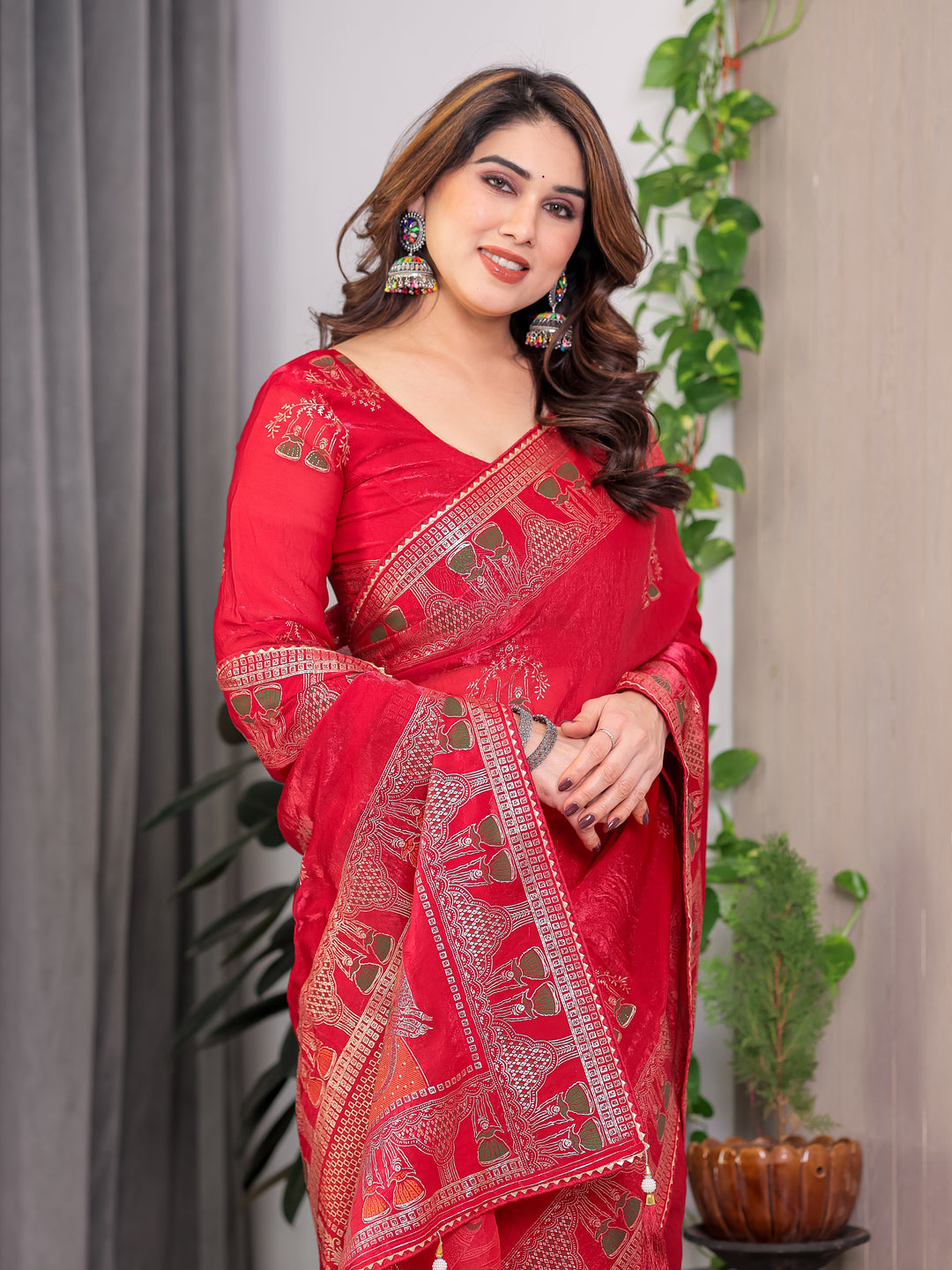 Crimson Red Fendi Satin Block & Foil Print Saree with Traditional Motif Border & Tassel Finish Blouse