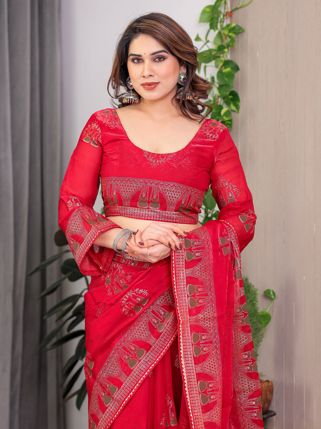 Crimson Red Fendi Satin Block & Foil Print Saree with Traditional Motif Border & Tassel Finish Blouse