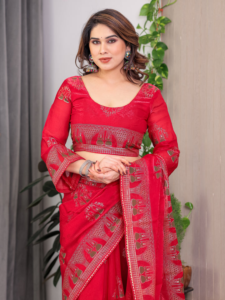 Crimson Red Fendi Satin Block & Foil Print Saree with Traditional Motif Border & Tassel Finish Blouse