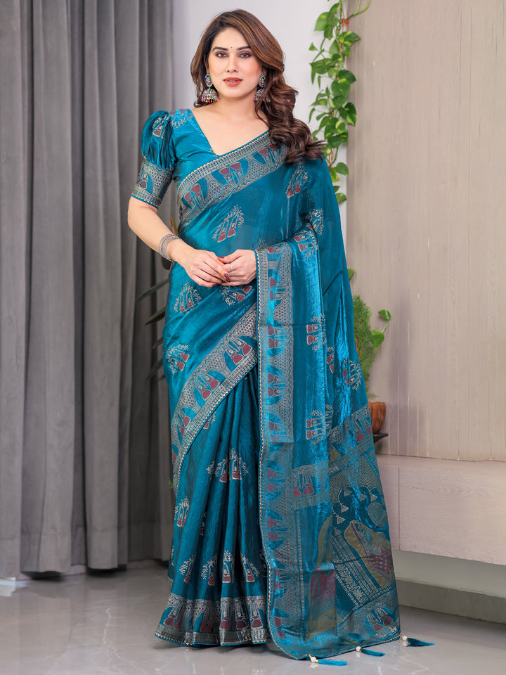 Teal Peacock Blue Fendi Satin Block & Foil Print Saree with Traditional Motif Border & Tassel Detail Blouse